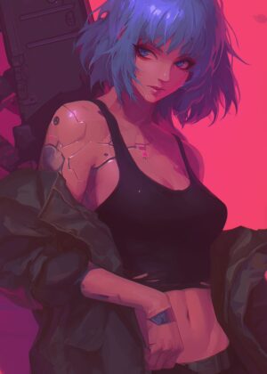 Cyberpunk Girl: Neon Dreams - Premium Wooden Framed Poster. Ready to Hang.