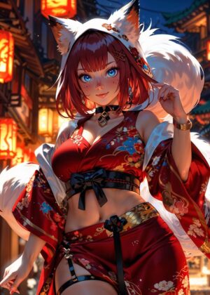 Foxfire Flirting: Anime Girl in Red Kimono - Premium Wooden Framed Poster. Ready to Hang.