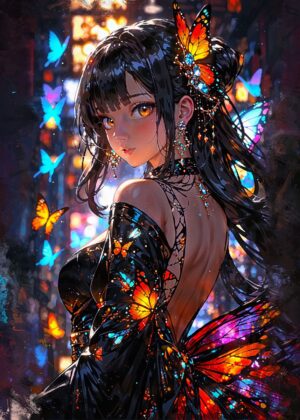 Anime Butterfly Girl: A Dreamy Digital Artwork - Premium Wooden Framed Poster. Ready to Hang.