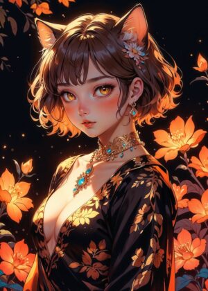 Anime Foxy Girl Art Print: Enchanting Beauty in Autumn Hues - Premium Wooden Framed Poster. Ready to Hang.