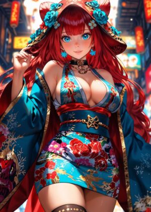 Adorable Anime Girl with Vibrant Red Hair in Traditional Attire - Premium Wooden Framed Poster. Ready to Hang.