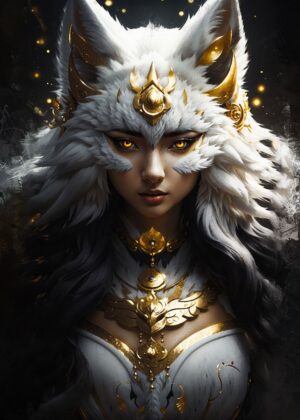 Unveiling the Kitsune: A Mystical Digital Art Print - Premium Wooden Framed Poster. Ready to Hang.