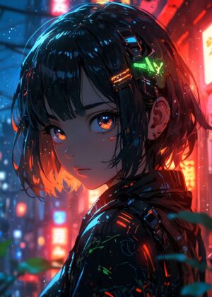 Cyberpunk Anime Girl with Short Hair - Premium Wooden Framed Poster. Ready to Hang.
