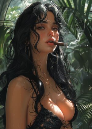Jungle Smoke: A Woman's Mystical Embrace - Premium Wooden Framed Poster. Ready to Hang.