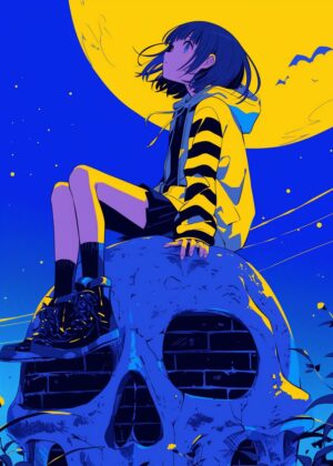 Abnormal Core: Anime Girl on Skull Under a Yellow Moon - Premium Wooden Framed Poster. Ready to Hang.