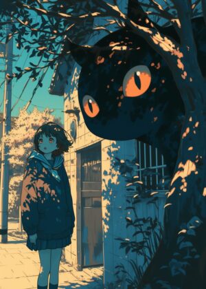 Mysterious Encounter: Anime Girl and Shadow Cat - Premium Wooden Framed Poster. Ready to Hang.