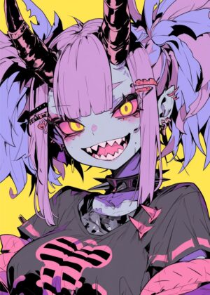 Anime Monster Girl Art Print: Vibrant and Edgy - Premium Wooden Framed Poster. Ready to Hang.