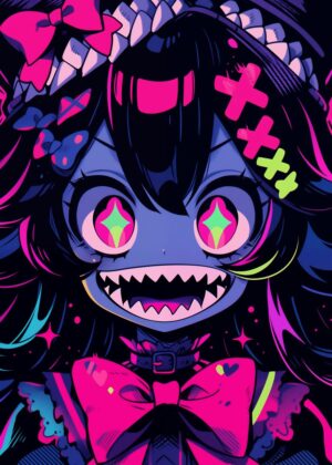 Neon Nightmare: Anime Monster Girl Art Print - Premium Wooden Framed Poster. Ready to Hang.