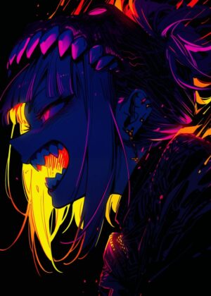 Neon Monster Girl Anime Art Print - Premium Wooden Framed Poster. Ready to Hang.