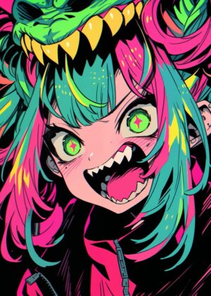 Neon Nightmare: Anime Monster Girl Art Print - Premium Wooden Framed Poster. Ready to Hang.