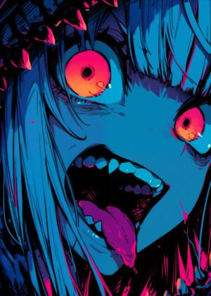 Neon Nightmare: Anime Monster Girl Art Print - Premium Wooden Framed Poster. Ready to Hang.