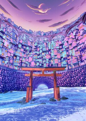 The Torii: A Dreamlike Cityscape - Premium Wooden Framed Poster. Ready to Hang.