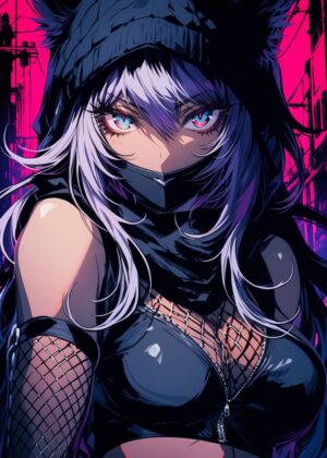 Cyberpunk Ninja Girl: Anime Art Print - Premium Wooden Framed Poster. Ready to Hang.