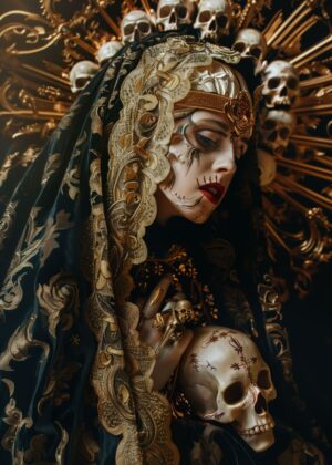 Mystical Woman with Skull: Dark Art and Gothic Elegance - Premium Wooden Framed Poster. Ready to Hang.