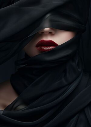 Mysterious Beauty: A Black Veil Portrait - Premium Wooden Framed Poster. Ready to Hang.