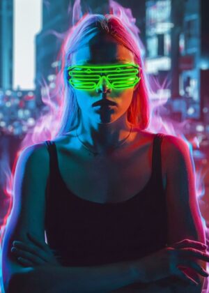 Neon Dreams: A Cyberpunk Girl - Premium Wooden Framed Poster. Ready to Hang.