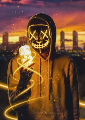 Smiley Mask Neon Cityscape - Premium Wooden Framed Poster. Ready to Hang.