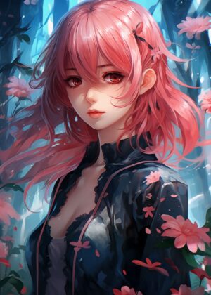 Anime Girl No3: Pink-Haired Beauty in a Mystical Forest - Premium Wooden Framed Poster. Ready to Hang.