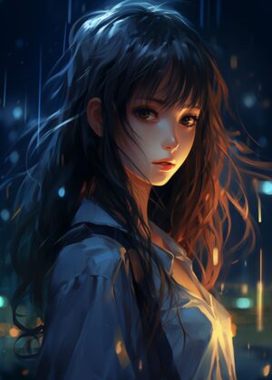 Anime Girl No4: Rain-Kissed Beauty - Premium Wooden Framed Poster. Ready to Hang.