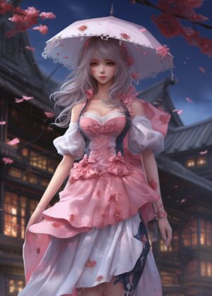 Anime Girl No9: A Serene Beauty in Blossom - Premium Wooden Framed Poster. Ready to Hang.
