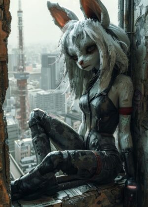 City Emo Punk Rabbit: Cyberpunk Art Print - Premium Wooden Framed Poster. Ready to Hang.
