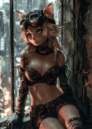 Cityscape Cat Warrior: Cyberpunk Anime Art Print - Premium Wooden Framed Poster. Ready to Hang.