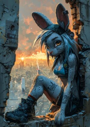 Sunset Urban Rabbit: Cyberpunk Art Print - Premium Wooden Framed Poster. Ready to Hang.