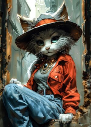 Urban Cat Explorer: A Whimsical Journey Through City Streets - Premium Wooden Framed Poster. Ready to Hang.