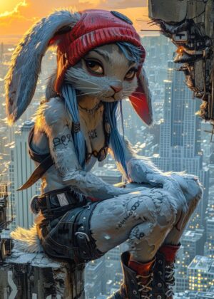 Urban Fantasy Rabbit: Cyberpunk Cityscape Artwork - Premium Wooden Framed Poster. Ready to Hang.