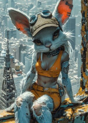 Urban Rabbit Explorer: A Futuristic Cityscape Artwork - Premium Wooden Framed Poster. Ready to Hang.