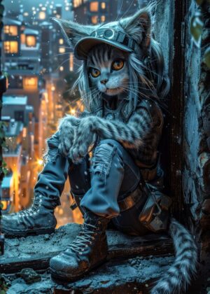 Nightwatch Cat Explorer: A Cyberpunk Feline Adventure - Premium Wooden Framed Poster. Ready to Hang.