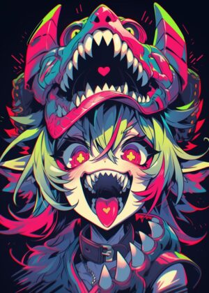 Vibrant Anime Monster Girl Art Print - Premium Wooden Framed Poster. Ready to Hang.