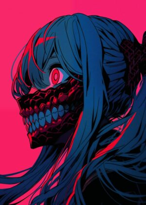 Cyberpunk Anime Girl with Mask - Premium Wooden Framed Poster. Ready to Hang.