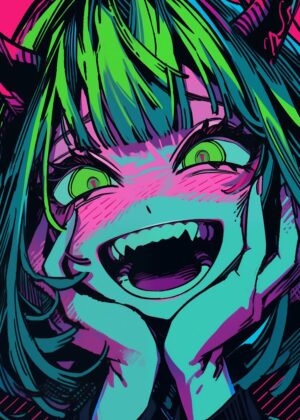 Neon Demon Girl Anime Art Print - Premium Wooden Framed Poster. Ready to Hang.