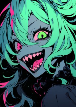 Neon Nightmare: Anime Monster Girl Art Print - Premium Wooden Framed Poster. Ready to Hang.