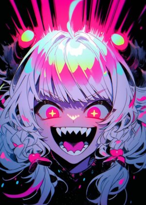 Neon Nightmare: Anime Monster Girl Art Print - Premium Wooden Framed Poster. Ready to Hang.