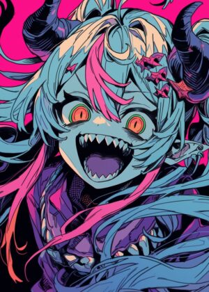 Anime Monster Girl Art Print: Vibrant Digital Illustration - Premium Wooden Framed Poster. Ready to Hang.