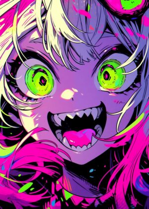 Neon Nightmare: Anime Monster Girl Art Print - Premium Wooden Framed Poster. Ready to Hang.
