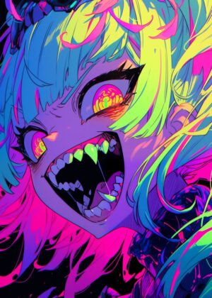 Neon Nightmare: Anime Monster Girl Art Print - Premium Wooden Framed Poster. Ready to Hang.