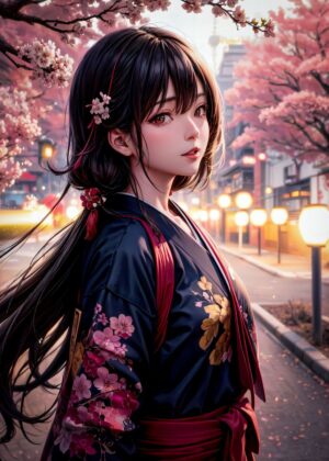 Anime Girl in Kimono: Japanese Cherry Blossom Scene - Premium Wooden Framed Poster. Ready to Hang.