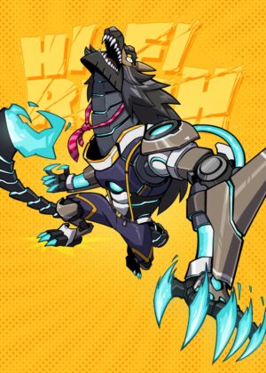 Cyberpunk Wolf Artwork: High-Energy Digital Illustration - Premium Wooden Framed Poster. Ready to Hang.