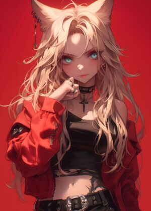 Anime Red Girlfriend: Fiery Blonde Beauty - Premium Wooden Framed Poster. Ready to Hang.