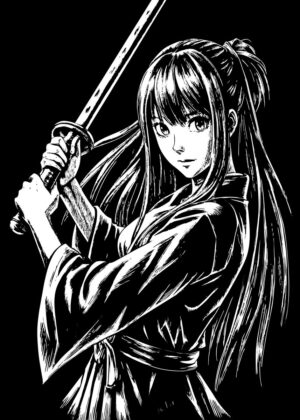 Anime Girl Samurai: Manga-Inspired Artwork - Premium Wooden Framed Poster. Ready to Hang.