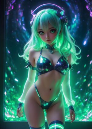 Cyberpunk Anime Girl: Neon Dreams - Premium Wooden Framed Poster. Ready to Hang.