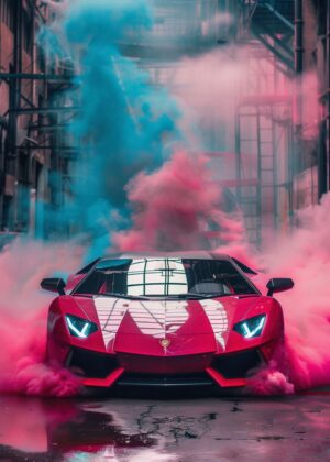 Red Car Smoke Art Print - Premium Wooden Framed Poster. Ready to Hang.