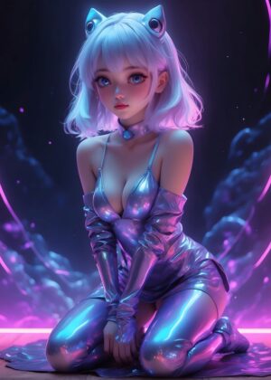 Cyberpunk Anime Girl: Neon Dreams Art Print - Premium Wooden Framed Poster. Ready to Hang.