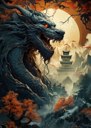 Majestic Dragon Guardian of the Pagoda - Premium Wooden Framed Poster. Ready to Hang.