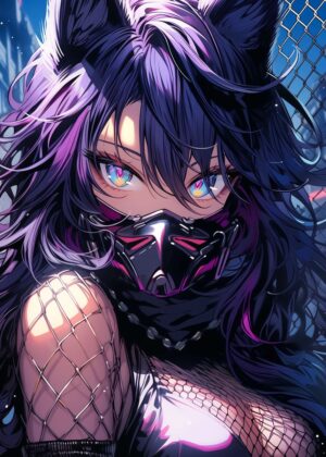 Foxy Purple Cybergirl: Anime Art Print - Premium Wooden Framed Poster. Ready to Hang.