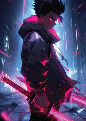 Demon Slayer Cyberpunk: Neon City Samurai - Premium Wooden Framed Poster. Ready to Hang.