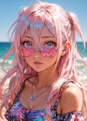 Beachside Beauty: Anime Girl Summer Artwork - Premium Wooden Framed Poster. Ready to Hang.
